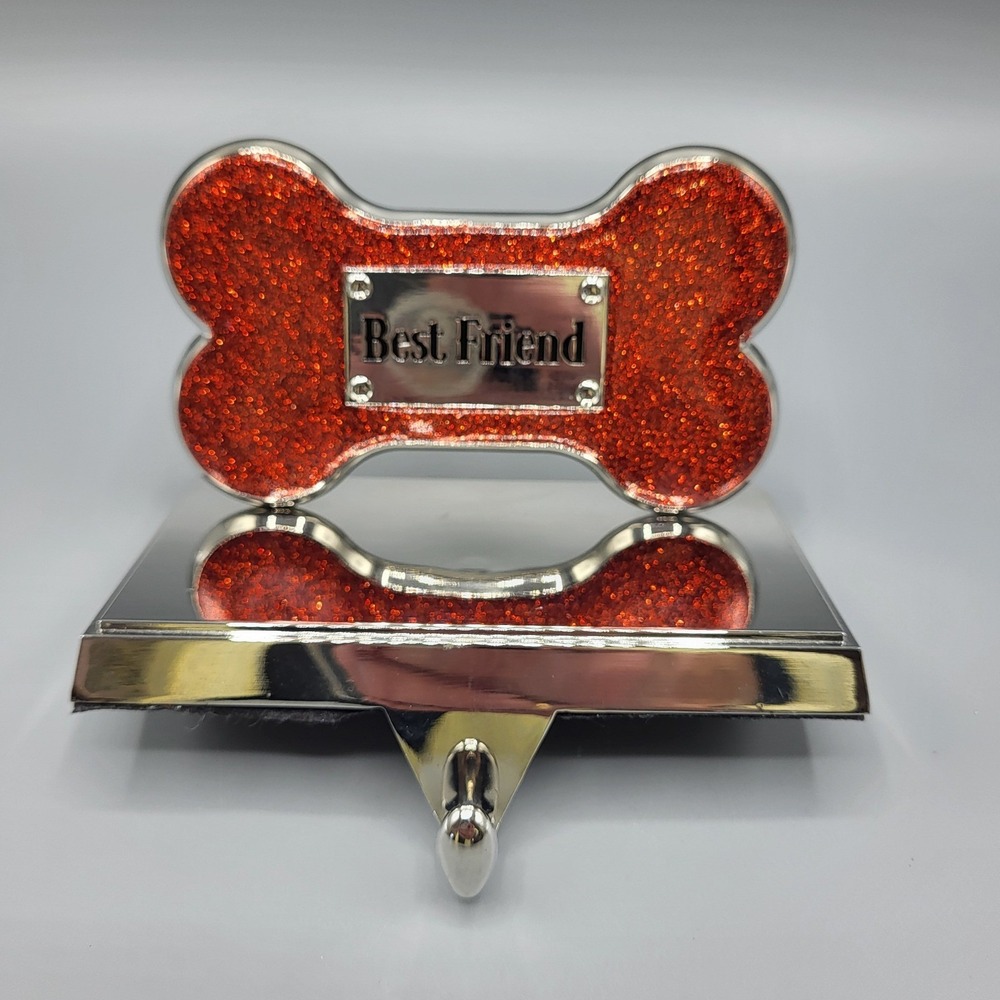 Stocking Holder Doggy Pet Best Friend Dog Bone Red Glitter Silver Tone Metal